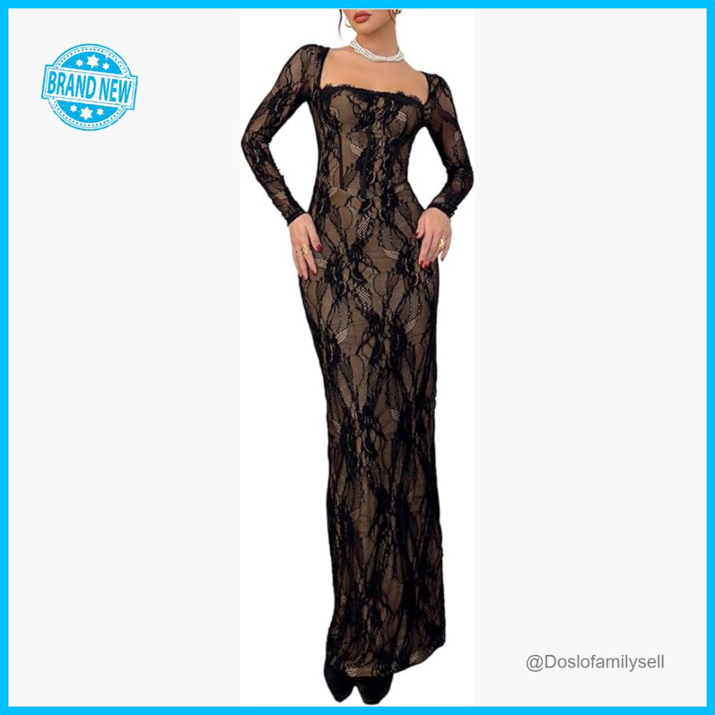 Elegant Floral Lace Bodycon Maxi Dress Long Sleeve Split Back Formal Wear
